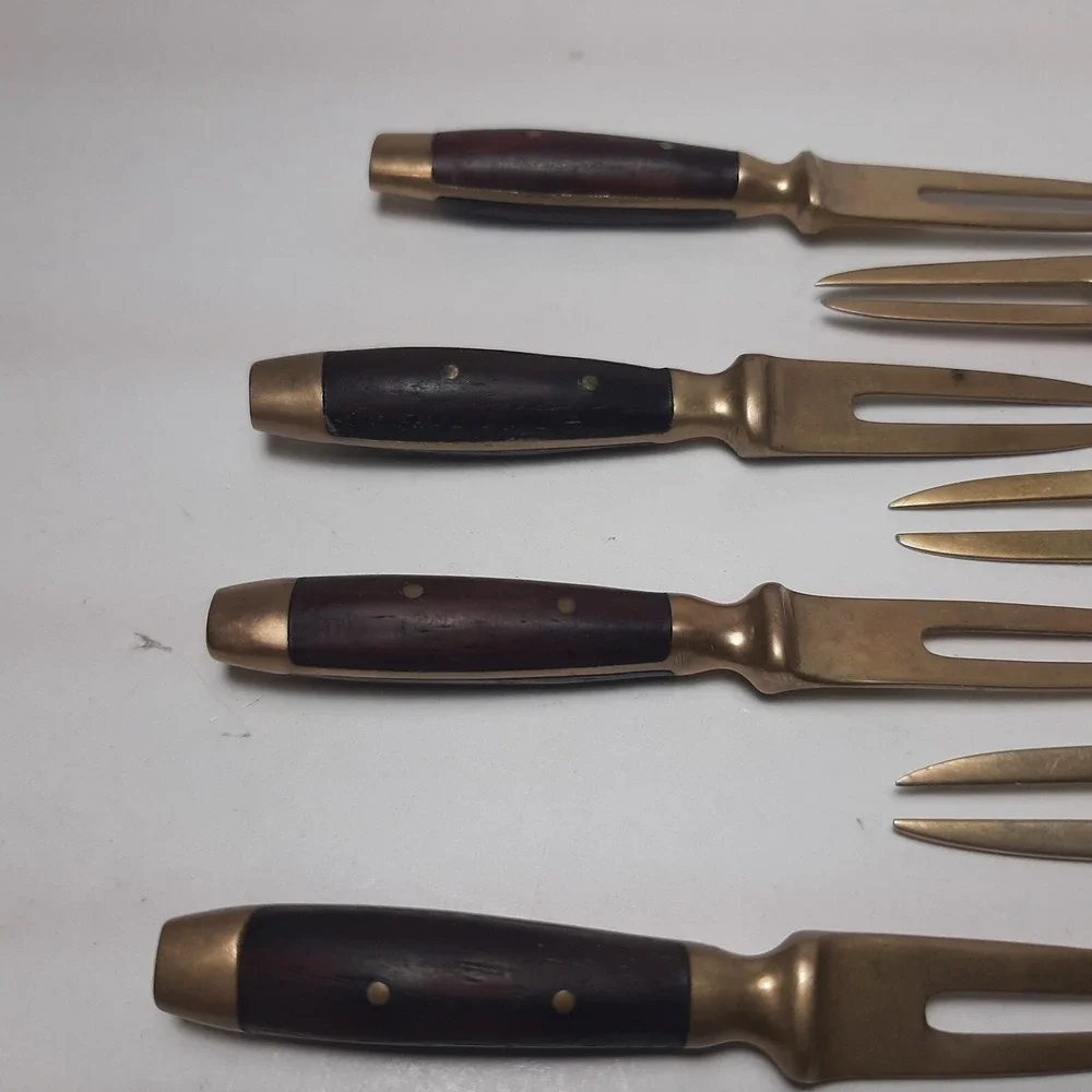 7 Vintage Brass Appetizer Cocktail Seafood Forks Skewers Wood Handles 3.5